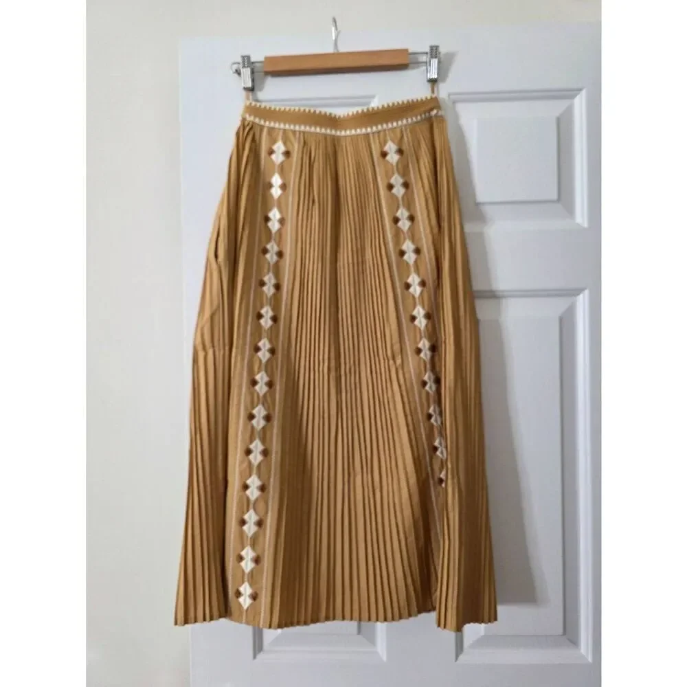 Ulla Johnson Midi Pleated Brown Sabina Embroidered Skirt 0 NWT - Picture 9 of 12